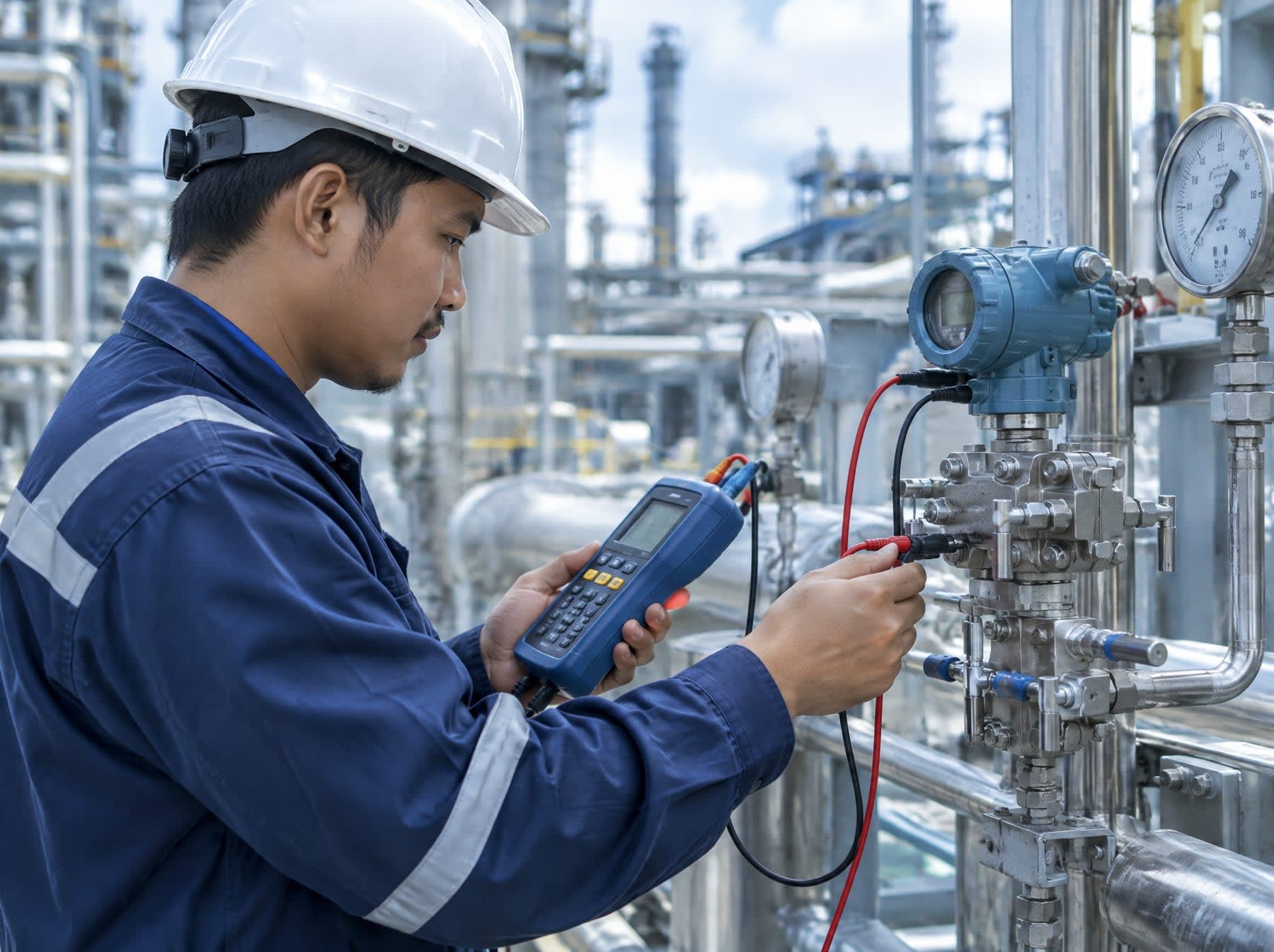 Technician calibrating a pressure transmitter on an instrument valve manifold