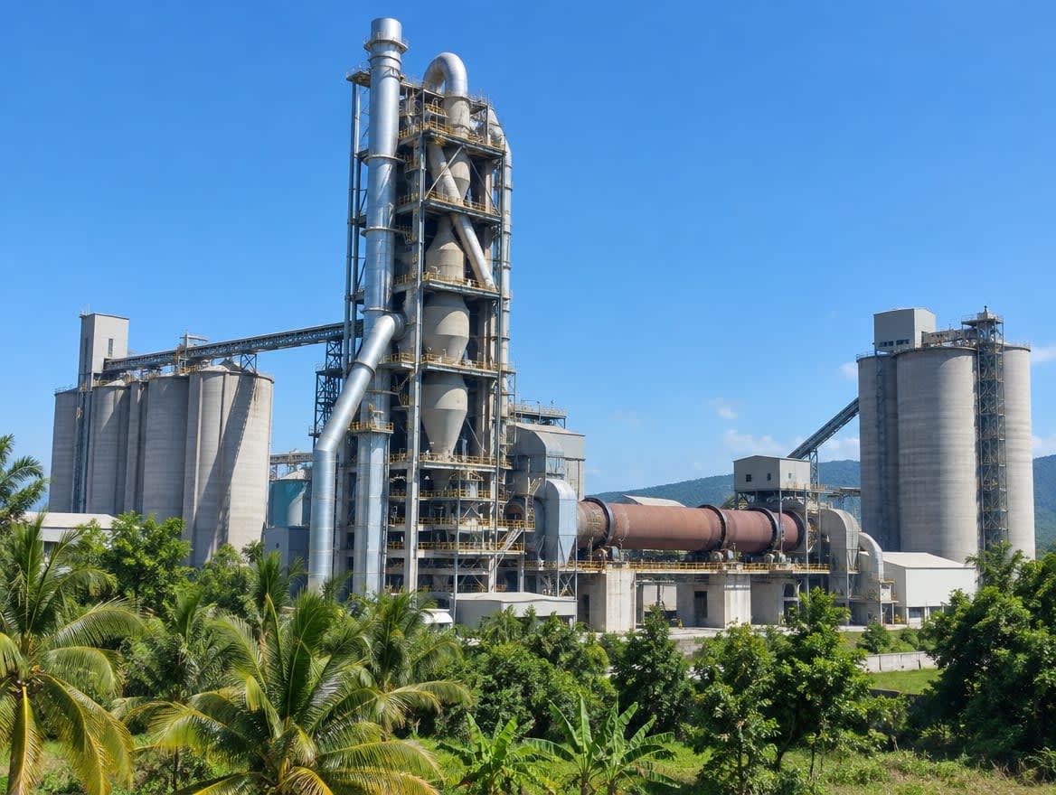 Cement plant with preheater tower and silos