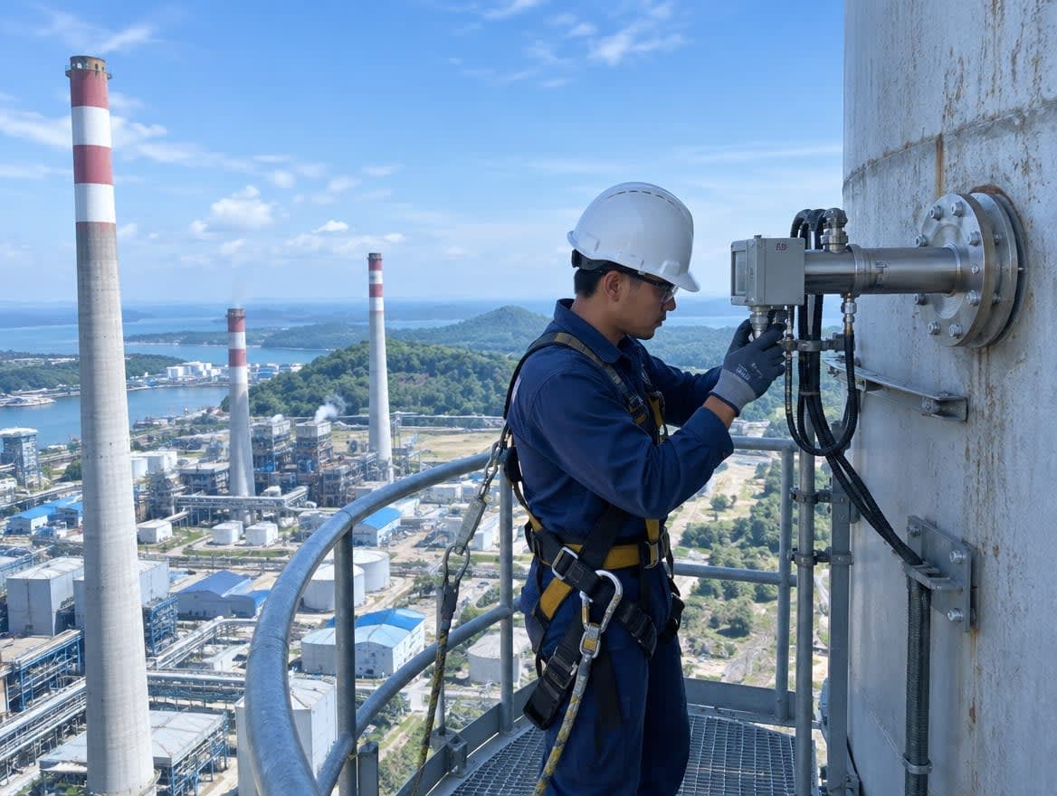 Technician inspecting an emission analyzer probe on an industrial stack