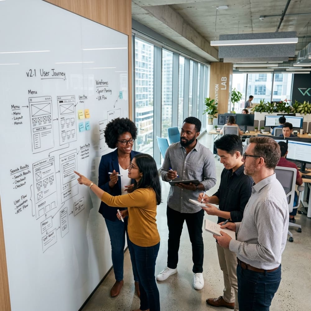 Team brainstorming and collaborating in a technology workspace