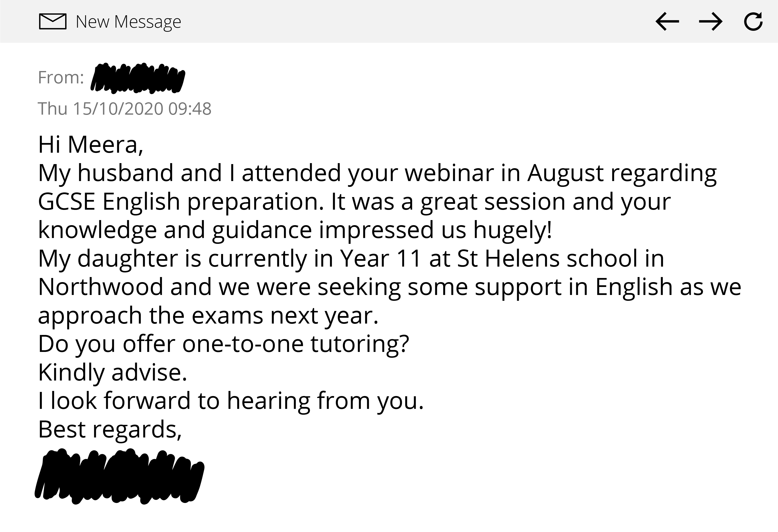 Testimonial 15th October 2020