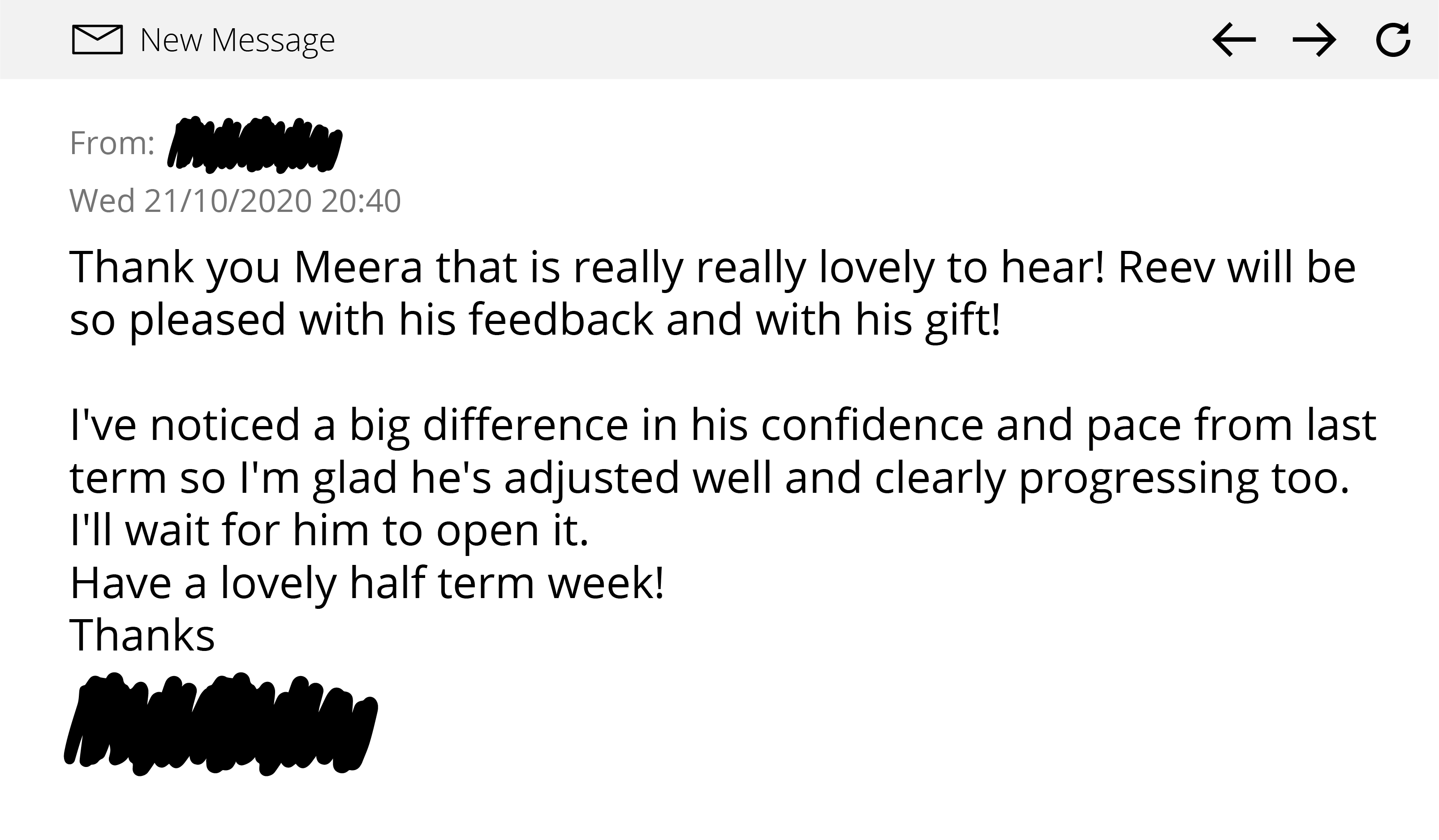 Testimonial 21st October 2020