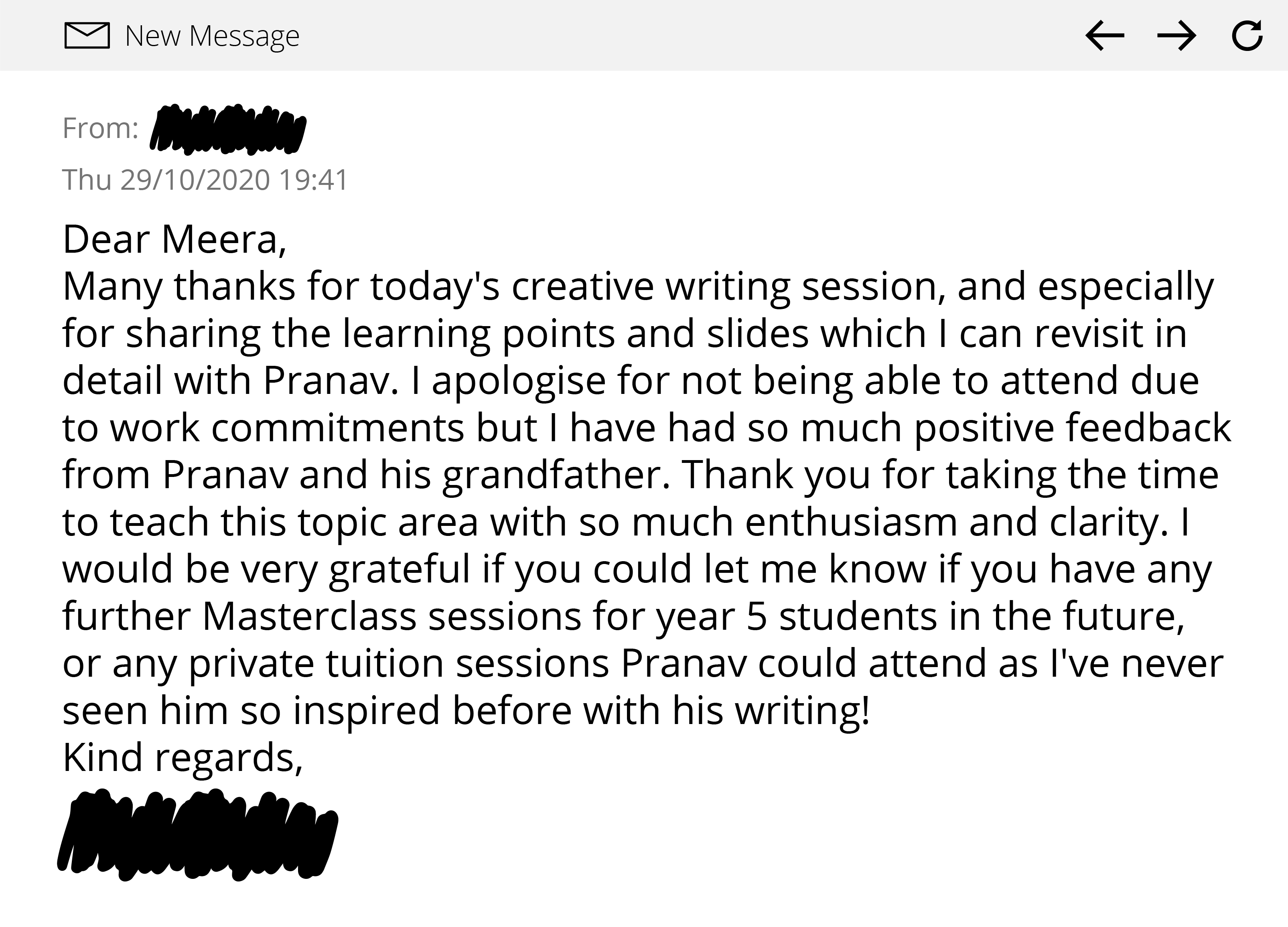 Testimonial 29th October 2020