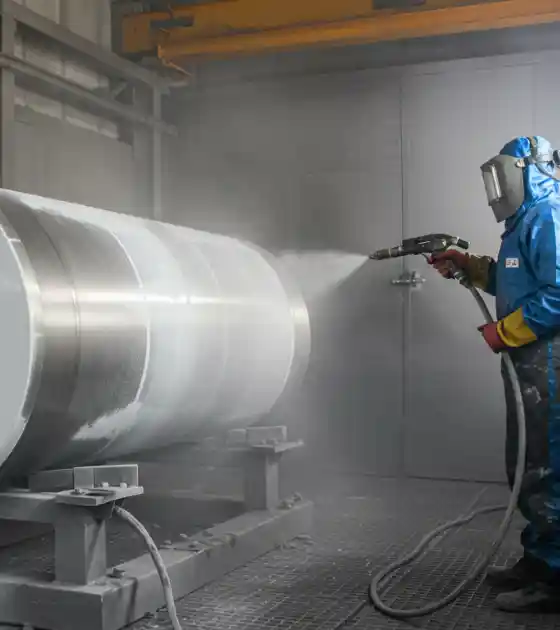 Caldeiraria Santa Rosa - Superfície metálica após serviço de jateamento metal branco, mostrando o metal limpo.