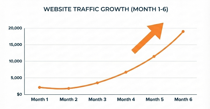 Line chart, Website Traffic Growth months 1 to 6: flat near 2,000 visits through month two, then climbing steadily to roughly 19,000 by month six.