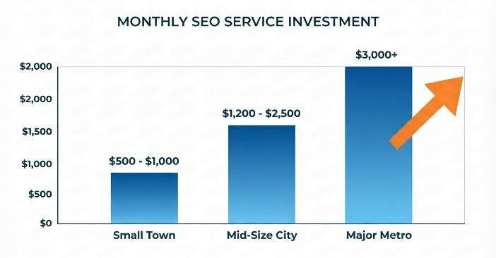 Bar chart, Monthly SEO Service Investment: Small Town $500&ndash;$1,000, Mid-Size City $1,200&ndash;$2,500, Major Metro $3,000 and up.