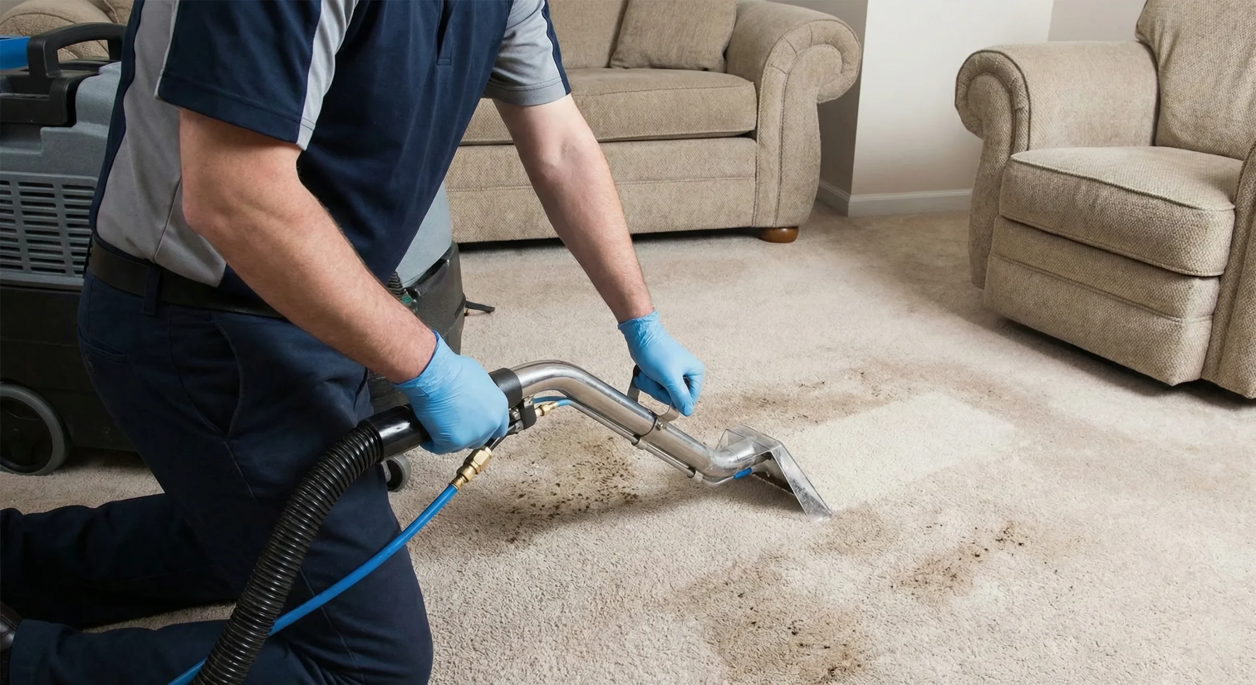 A technician deep-cleaning an upholstered sofa