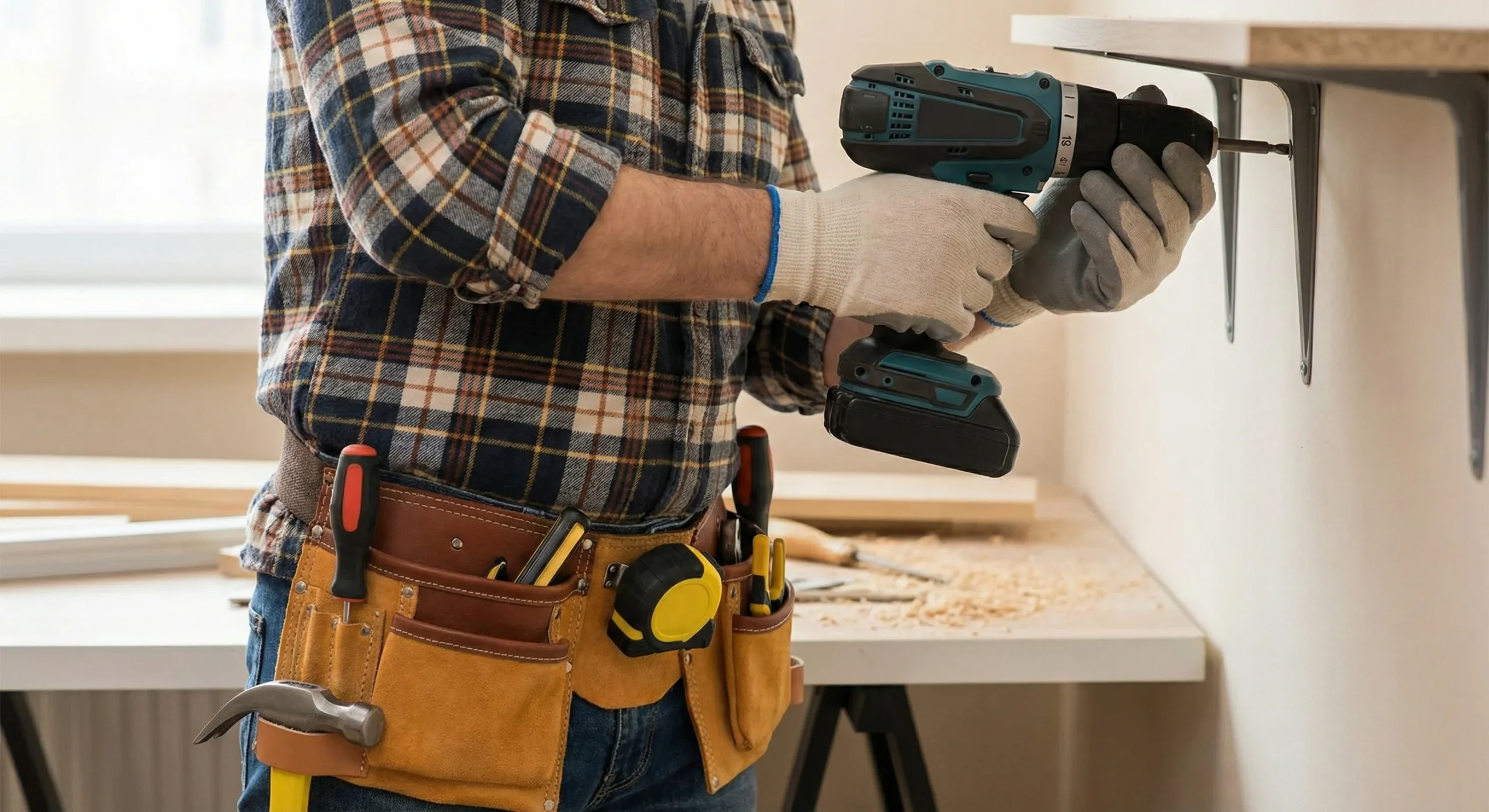 A handyman working at a bench with tools