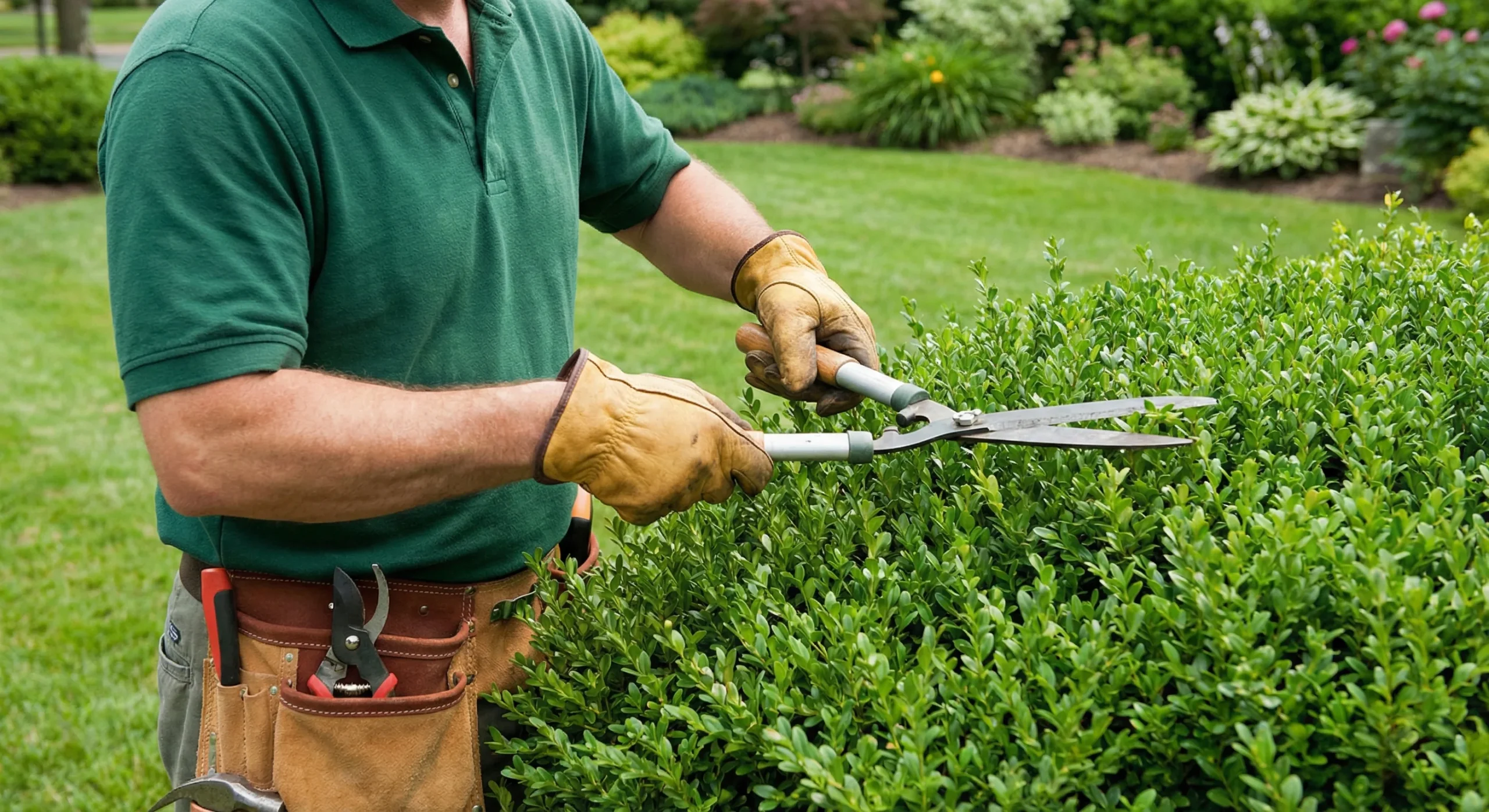 A landscaper trimming a hedge in a maintained yard