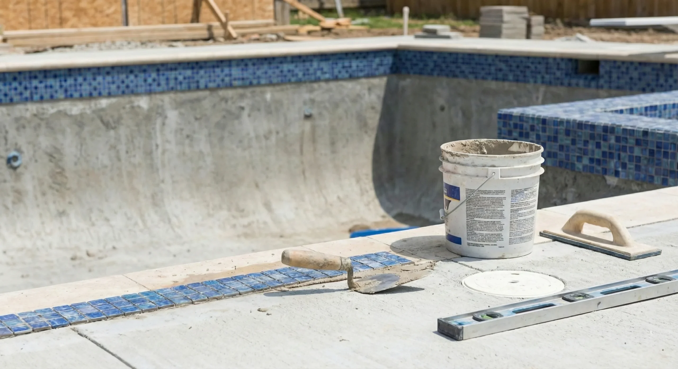 A pool under construction with fresh plaster and tile