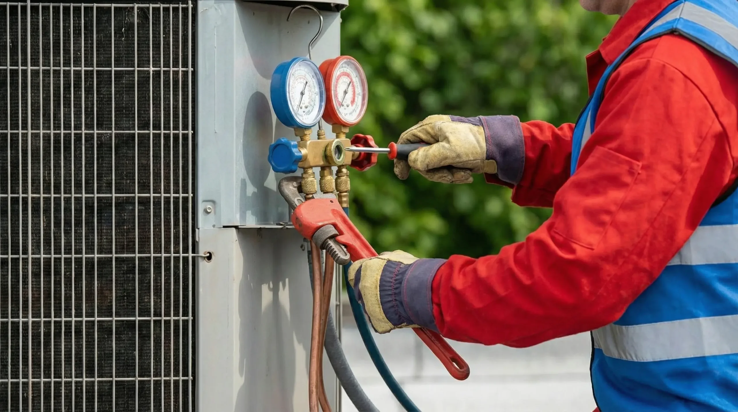 An HVAC technician servicing an air conditioning condenser