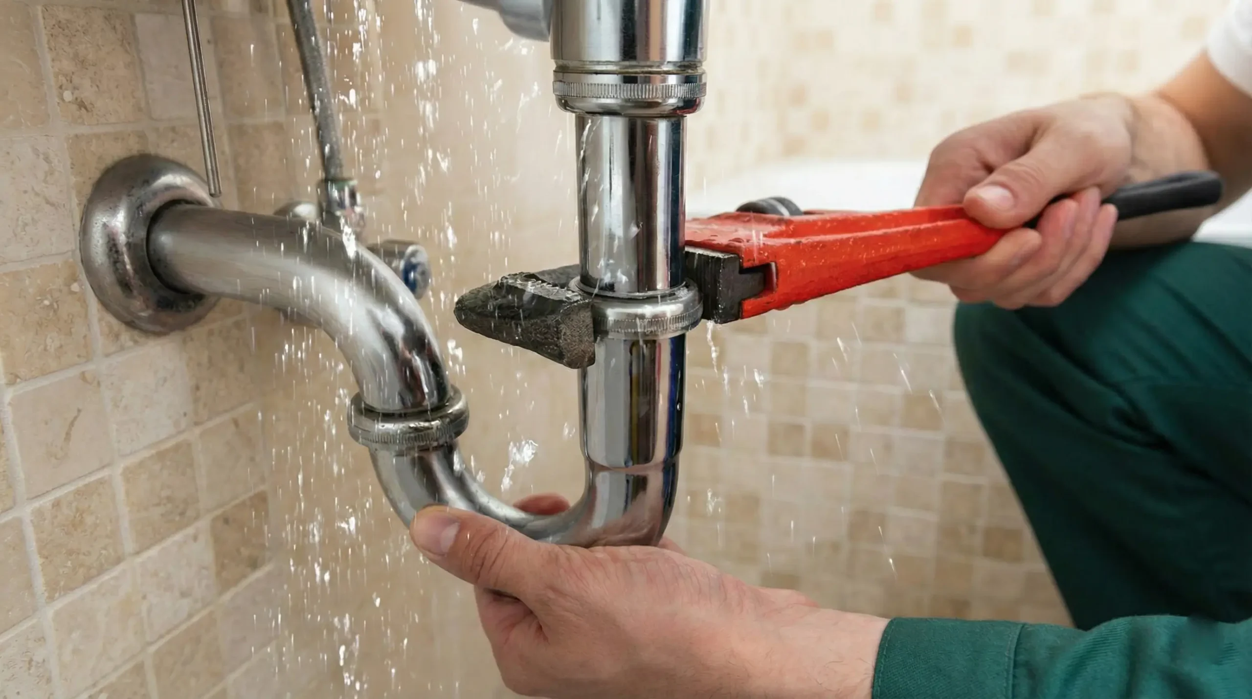 A plumber fitting a pipe under a sink