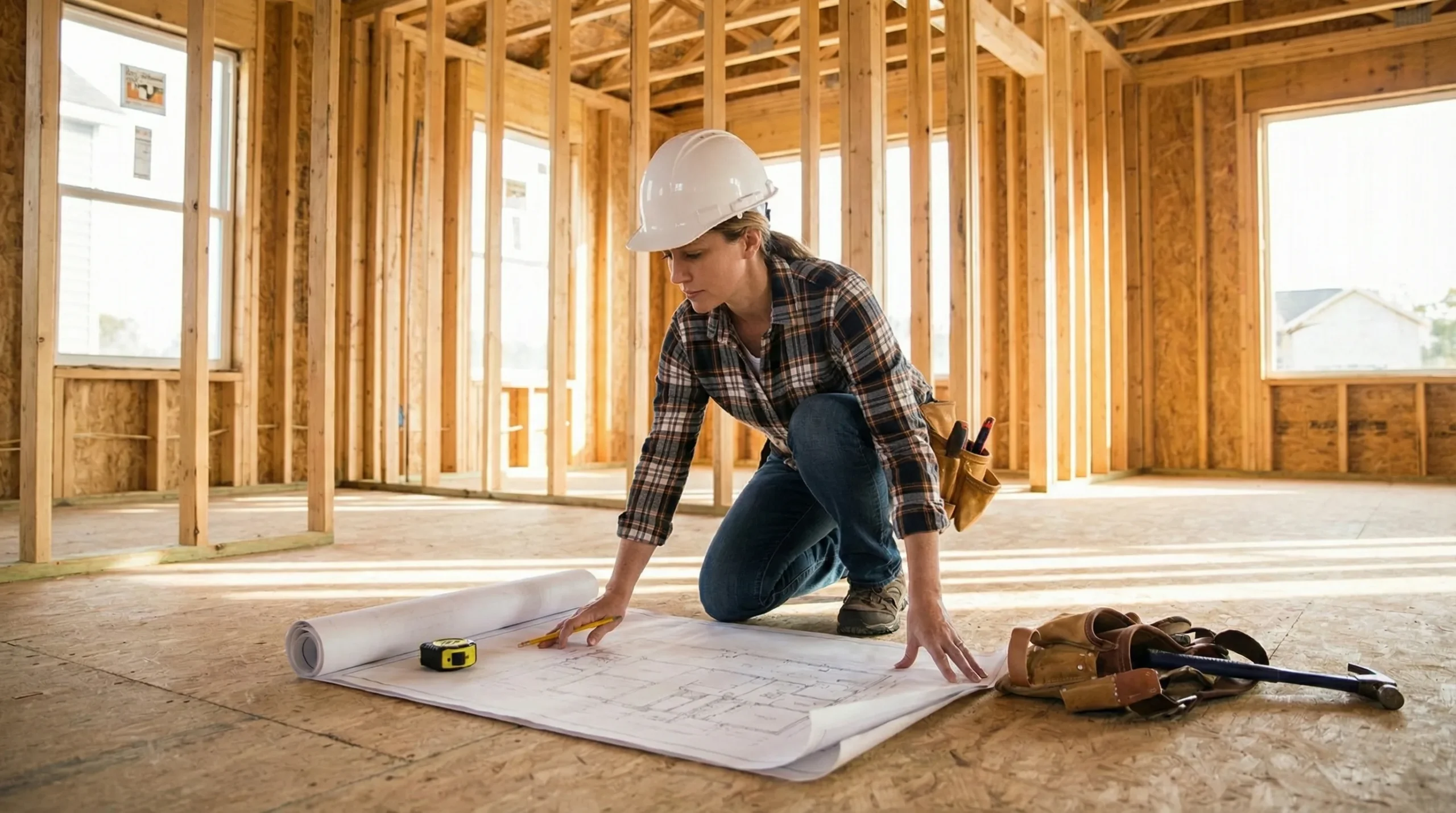 A contractor framing an interior remodel