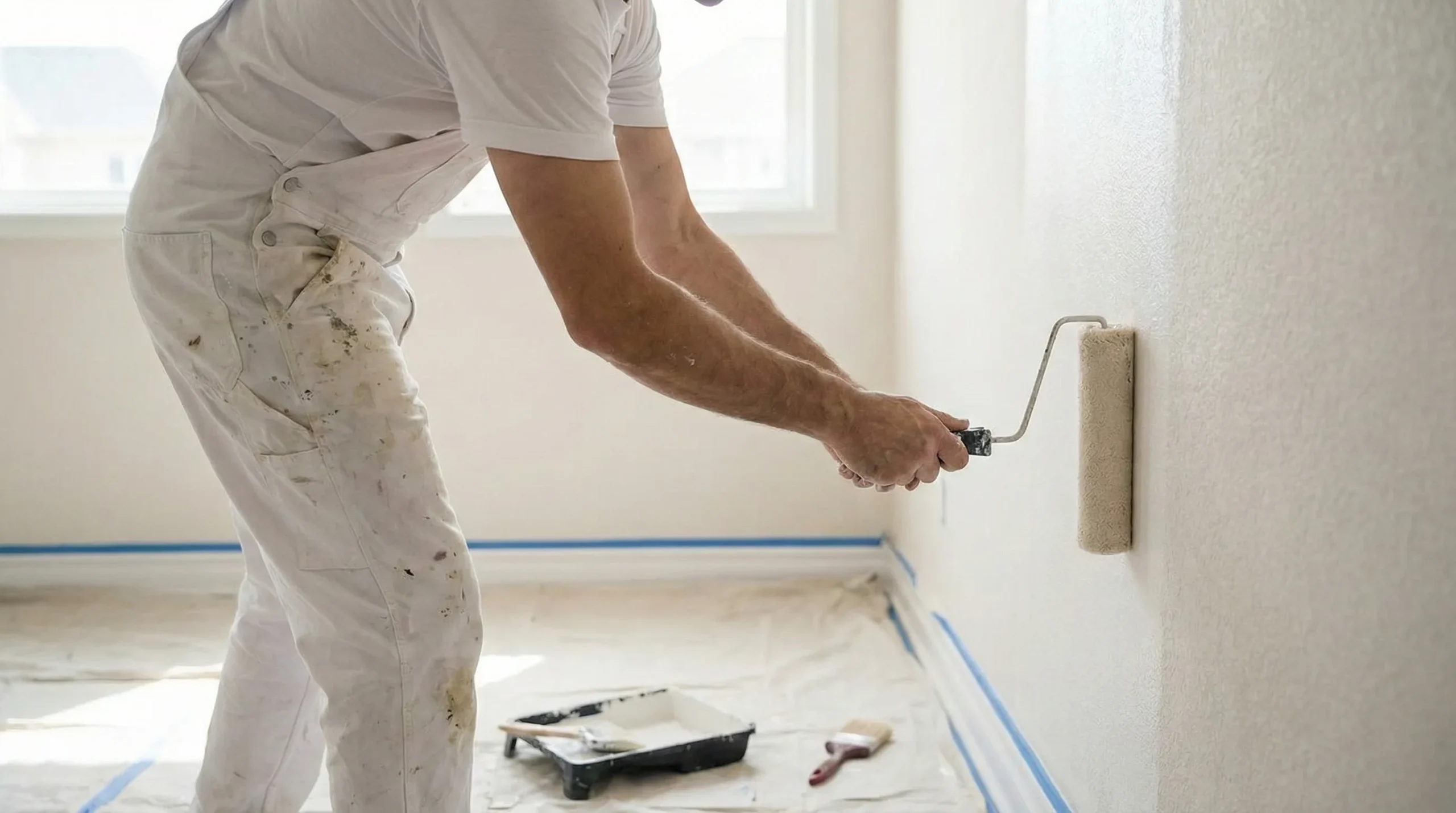 A painter rolling fresh paint onto an interior wall