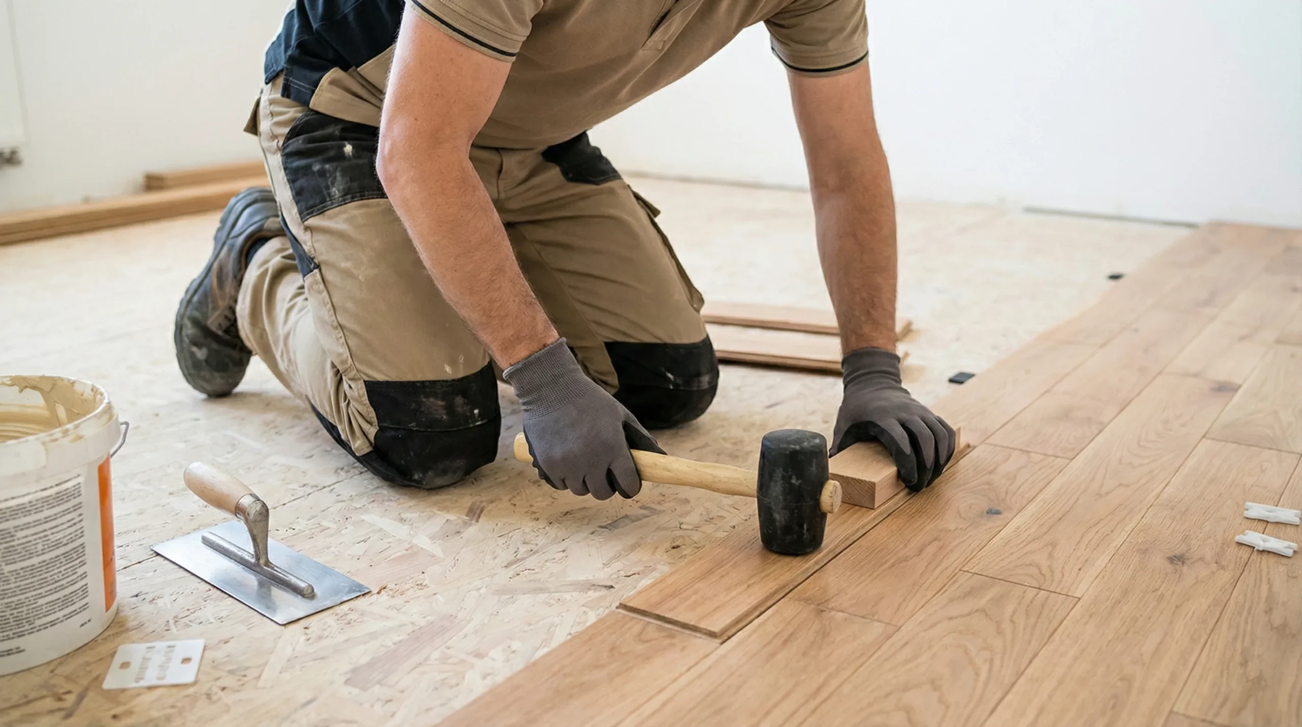 An installer laying hardwood flooring