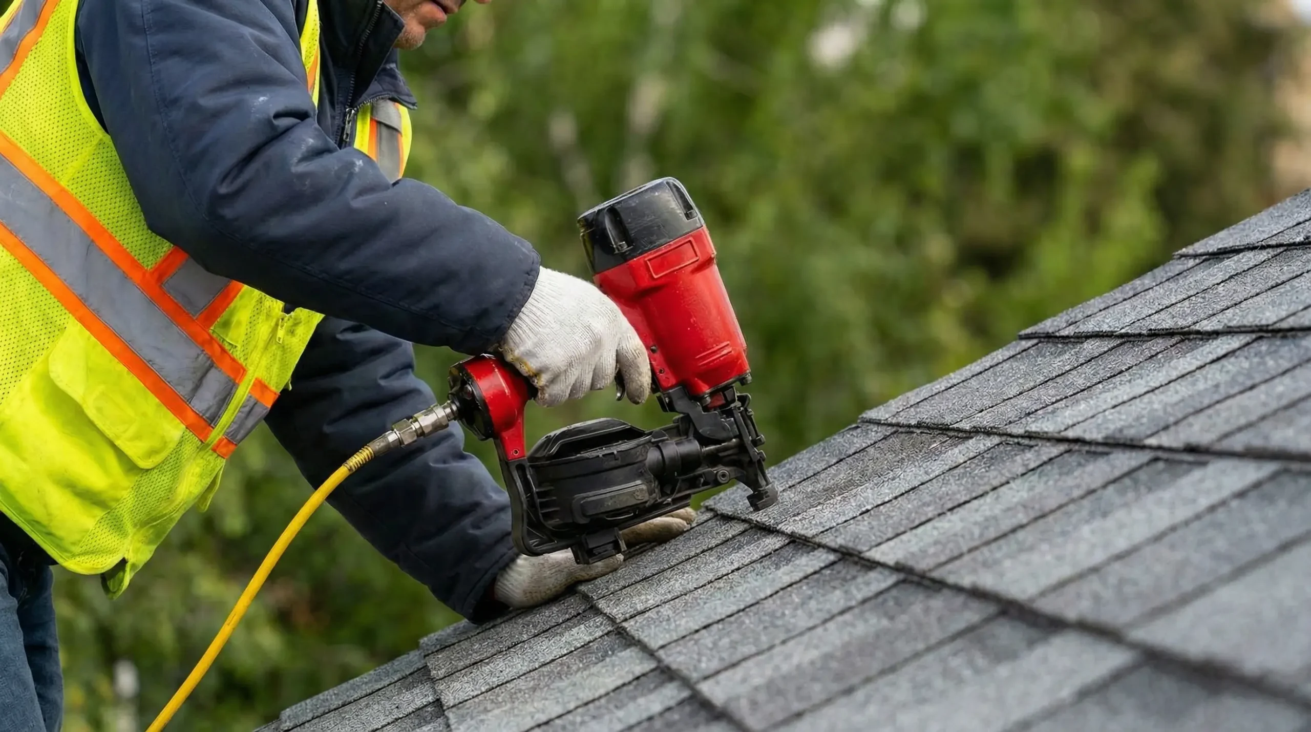 A roofing crew installing shingles on a residential roof