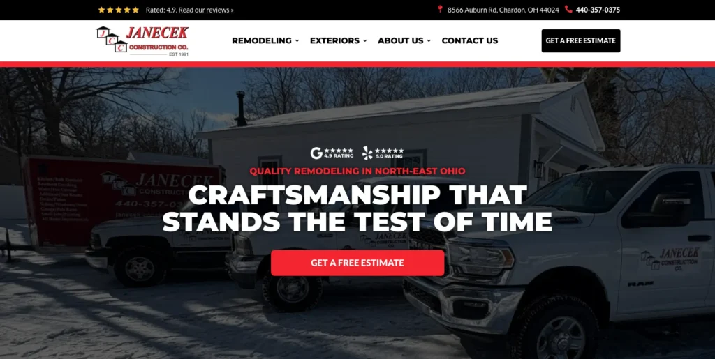 The Janecek Construction website, headlined Craftsmanship That Stands the Test of Time