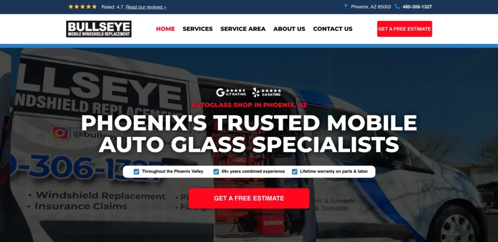 The Bullseye Mobile Windshield Replacement website, headlined Phoenix&rsquo;s Trusted Mobile Auto Glass Specialists