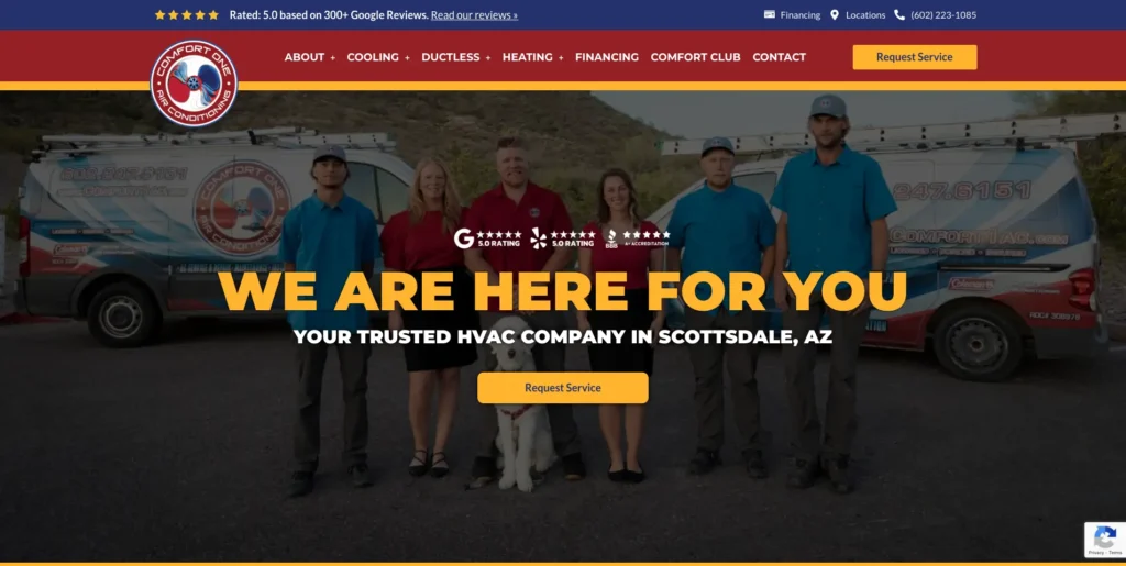 The new Comfort One Air Conditioning website, headlined We Are Here For You