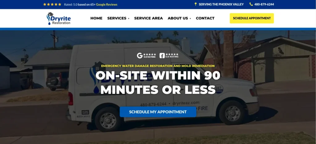 The DryRite Restoration website, headlined On-Site Within 90 Minutes or Less