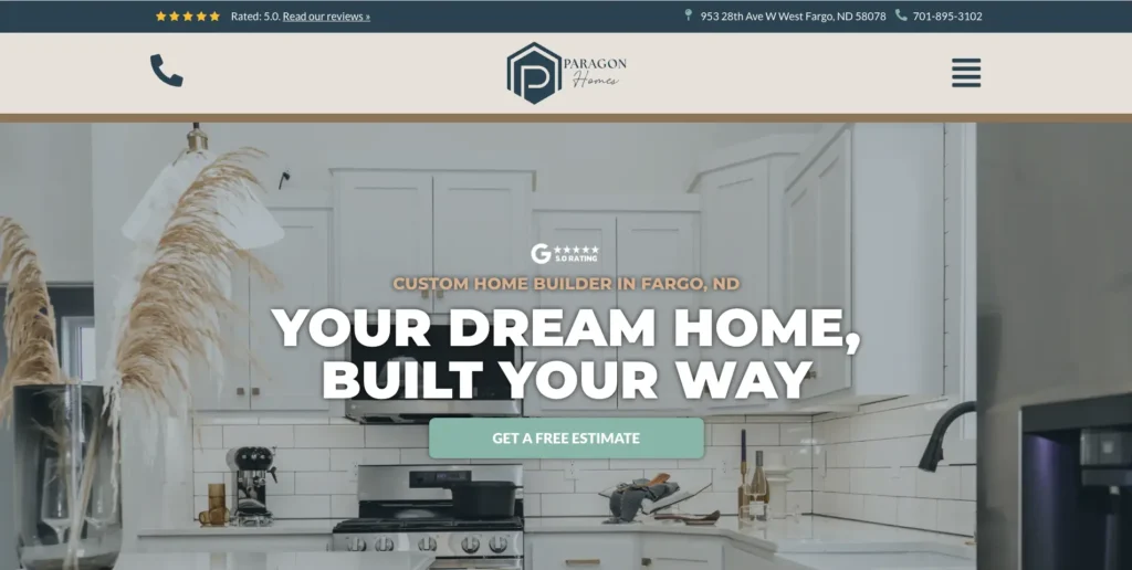 The new Paragon Homes website, showing a custom kitchen and the headline Your Dream Home, Built Your Way