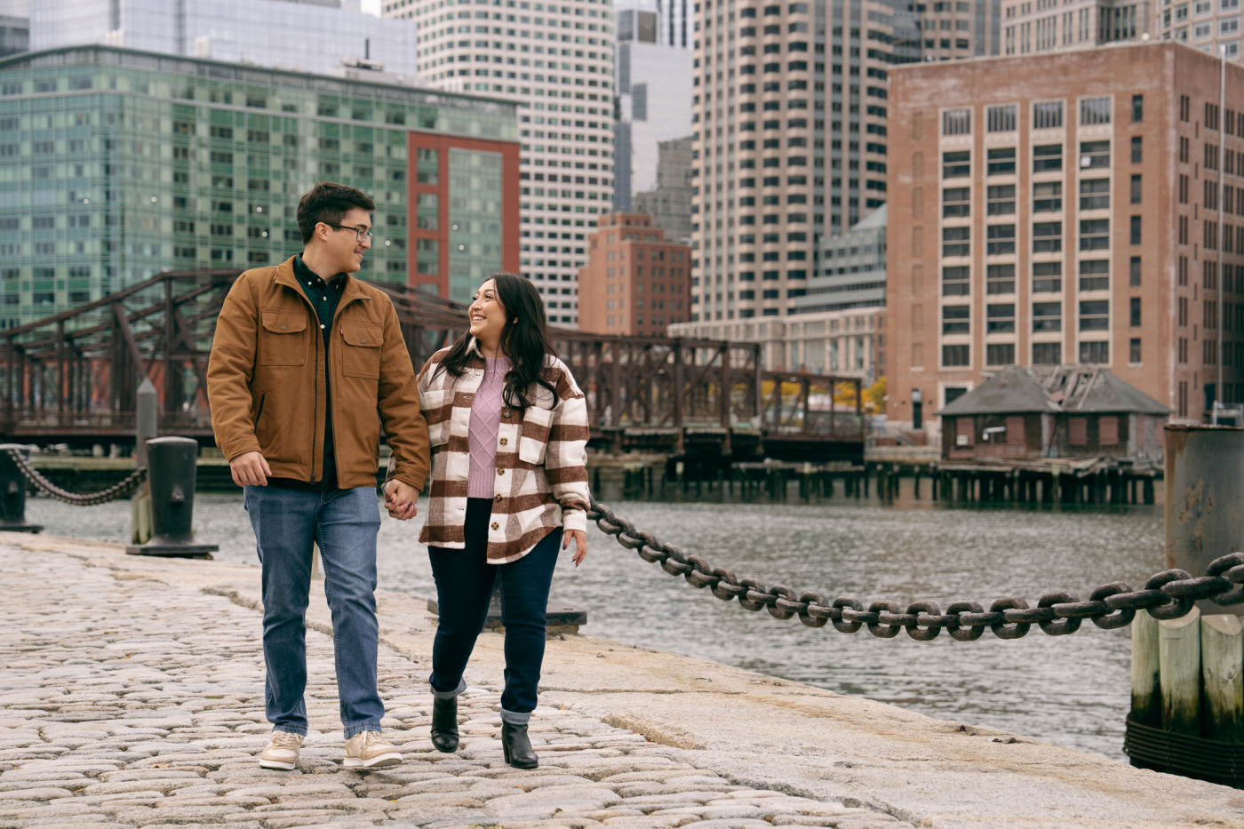Newly engaged couple at Boston Seaport