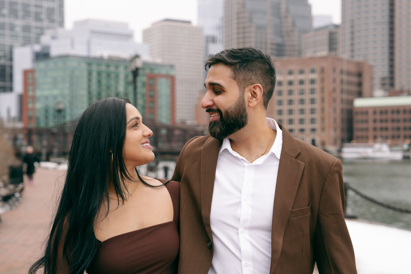 Intimate portrait of Jay and Amrita at the Seaport