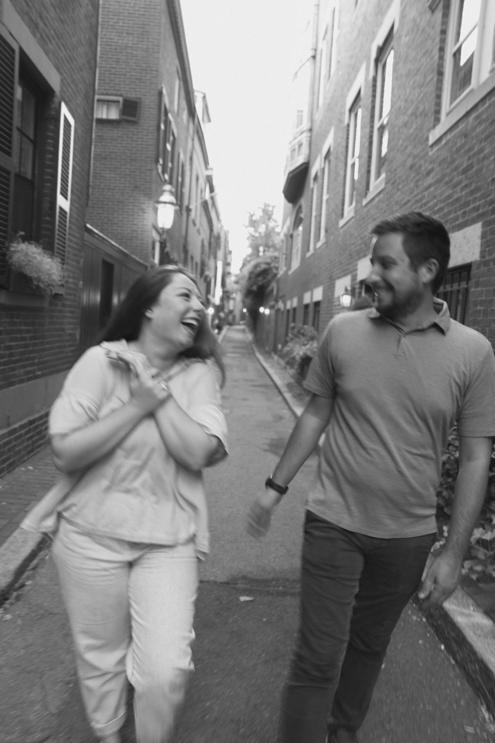 Black and white portrait walking through Boston