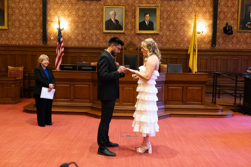 Wedding ceremony in the clerk's office at a Greater Boston city hall