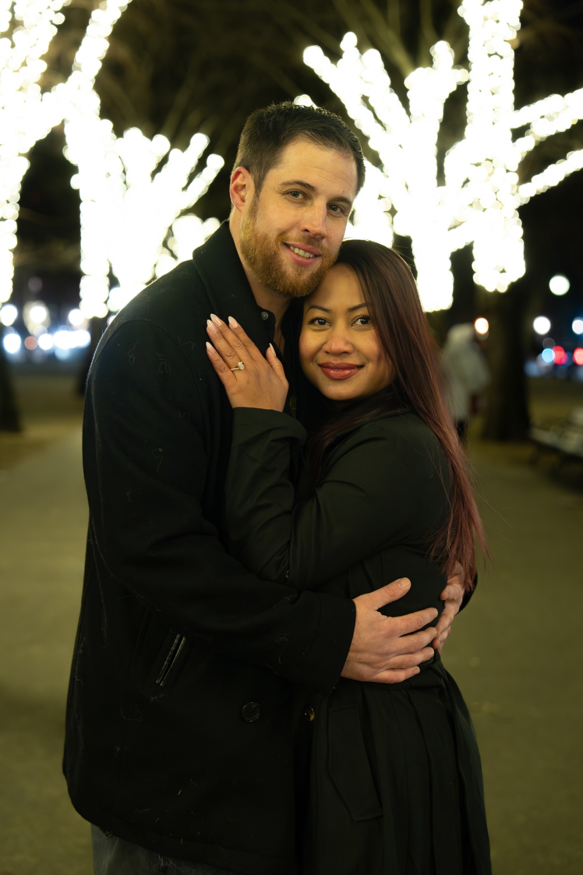 Ryan and Sophanya during their post-proposal portrait session on Comm Ave Mall