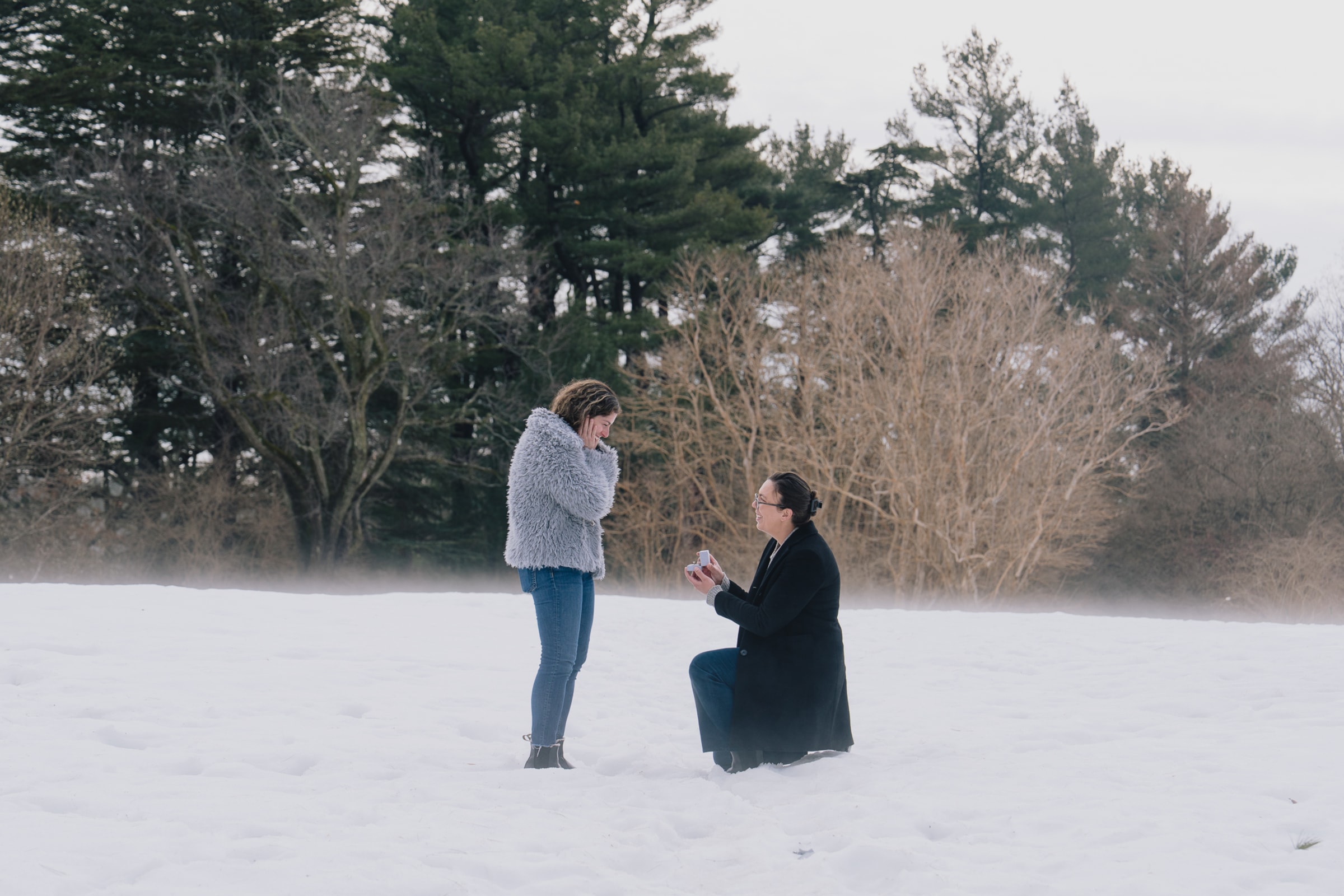 Laura and Sara walking through Arnold Arboretum before the proposal