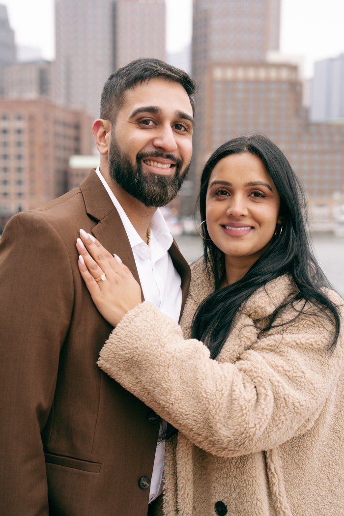 Newly engaged couple portrait at Boston Seaport