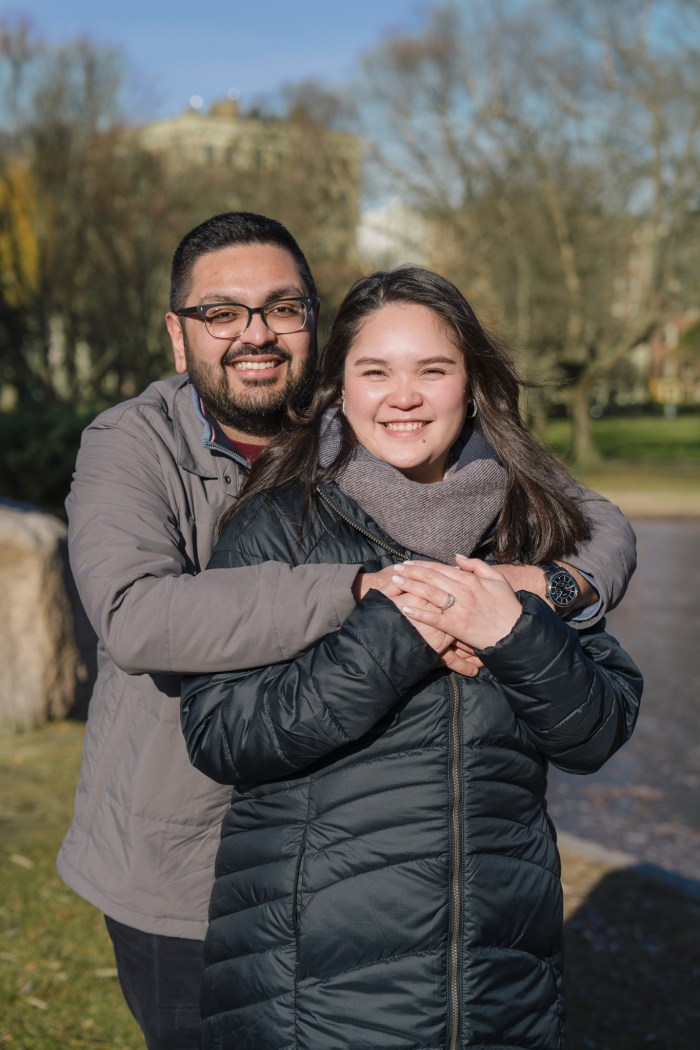 Tender portrait of Brijesh and Janelle after the proposal