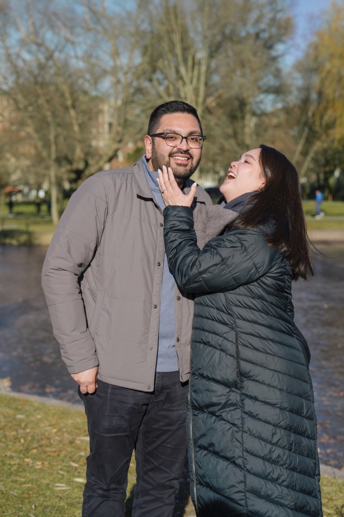 Engagement portrait of Brijesh and Janelle in the Public Garden