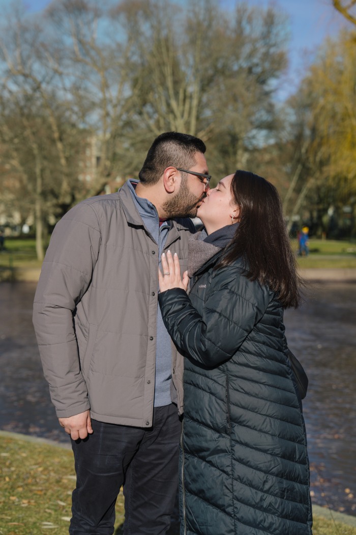 Final engagement portrait of Brijesh and Janelle at Boston Public Garden