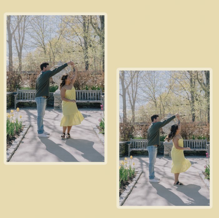 Colin and Nikkie embracing among the garden blooms
