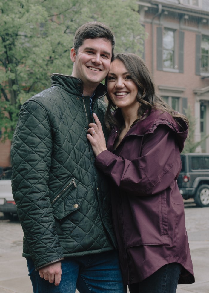 Engagement portrait of Chris and Samantha at Dartmouth Square