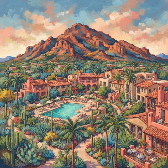 Illustration of Camelback Mountain above a desert resort in Scottsdale