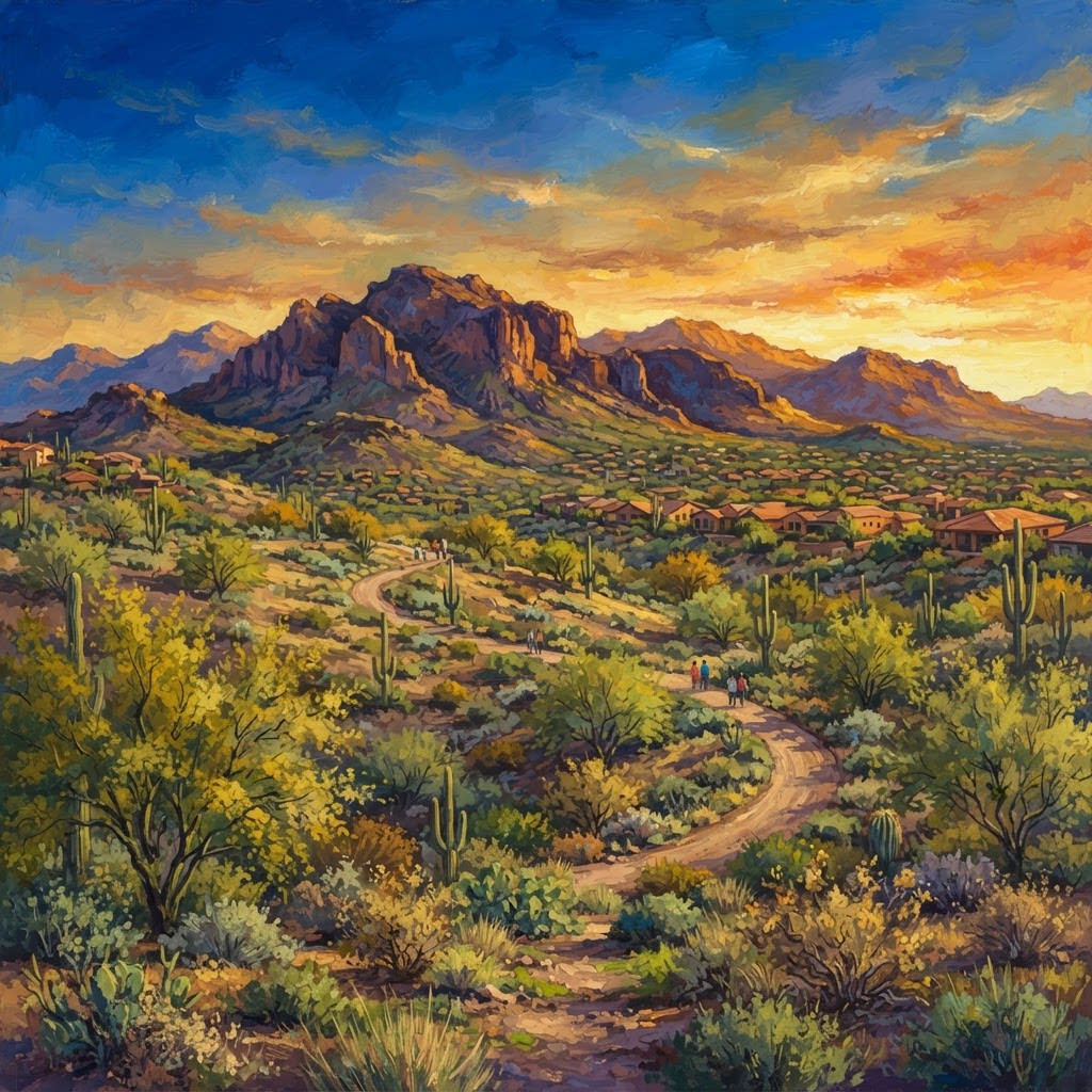 Illustration of the San Tan Mountains above desert parkland in the East Valley