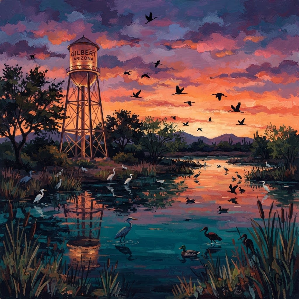 Illustration of the Gilbert water tower and riparian preserve at sunset