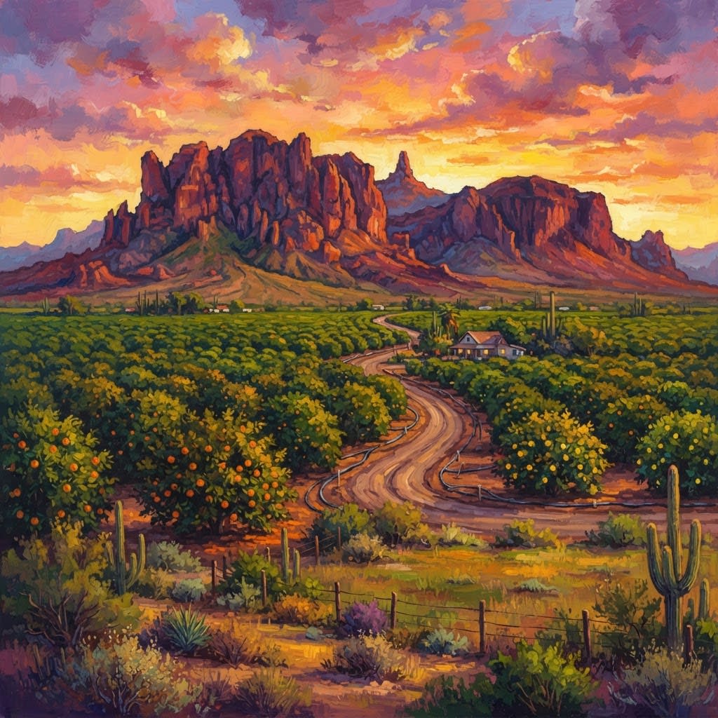 Illustration of the Superstition Mountains rising over citrus groves in Mesa