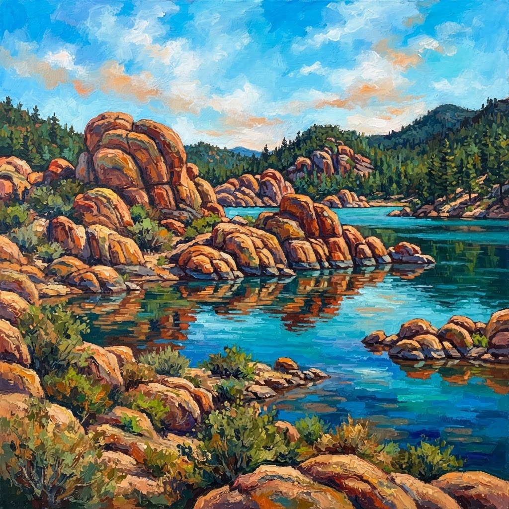 Illustration of the Granite Dells and Watson Lake near Prescott