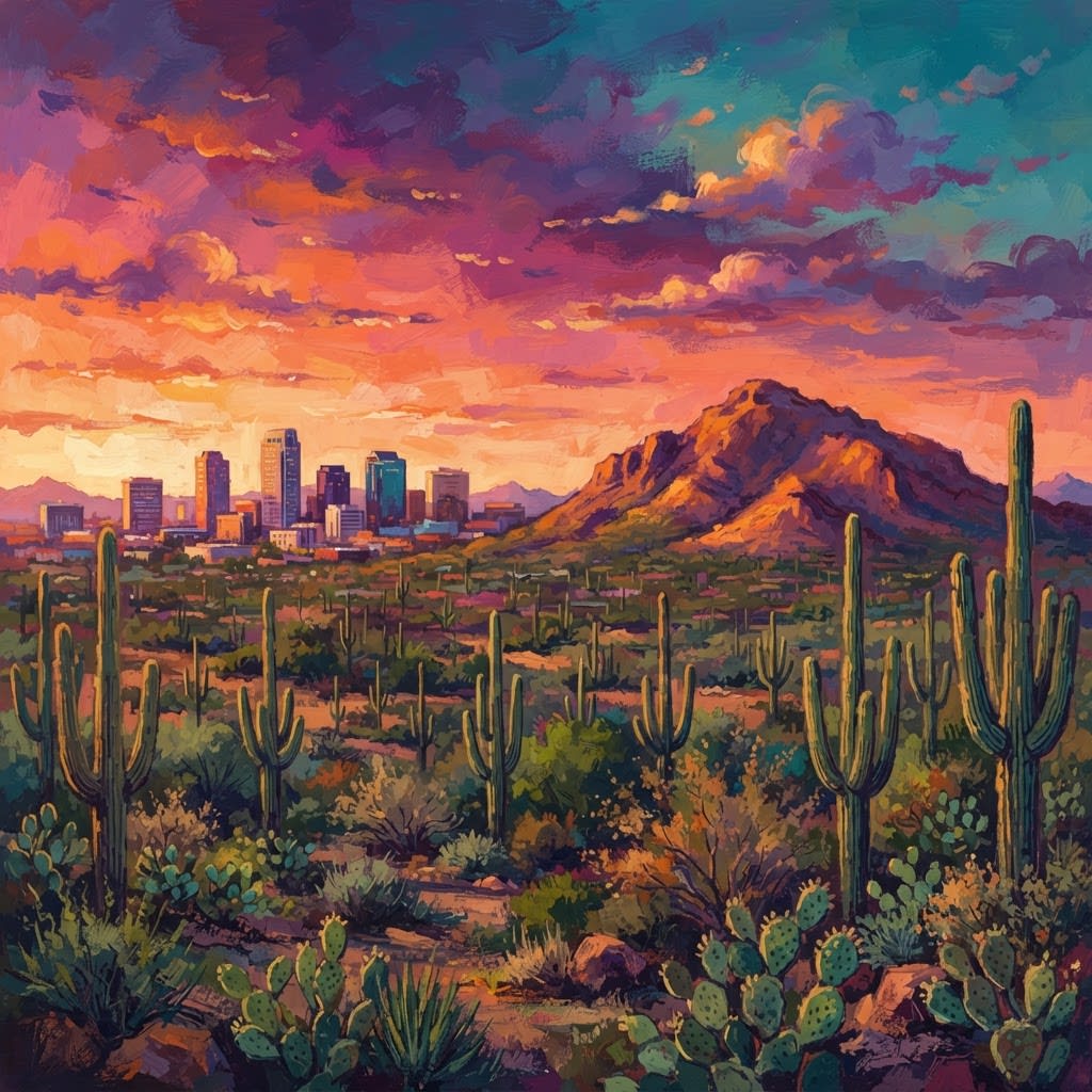 Illustration of the Phoenix skyline with saguaro cacti and Camelback Mountain at golden hour