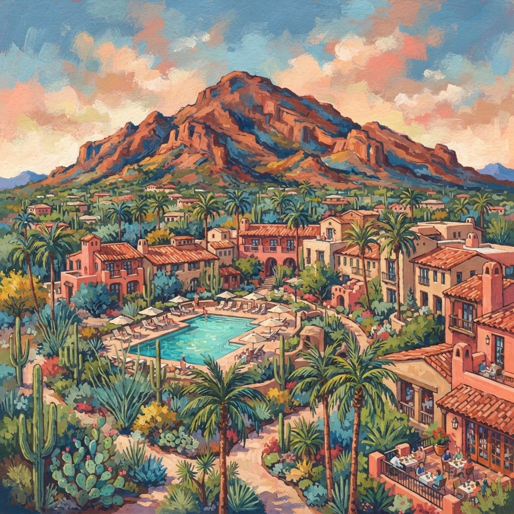 Illustration of Camelback Mountain above a desert resort in Scottsdale