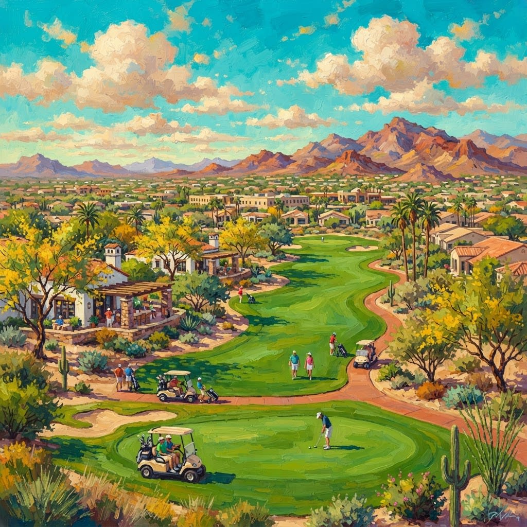 Illustration of a golf course fairway and white ramadas in Sun City