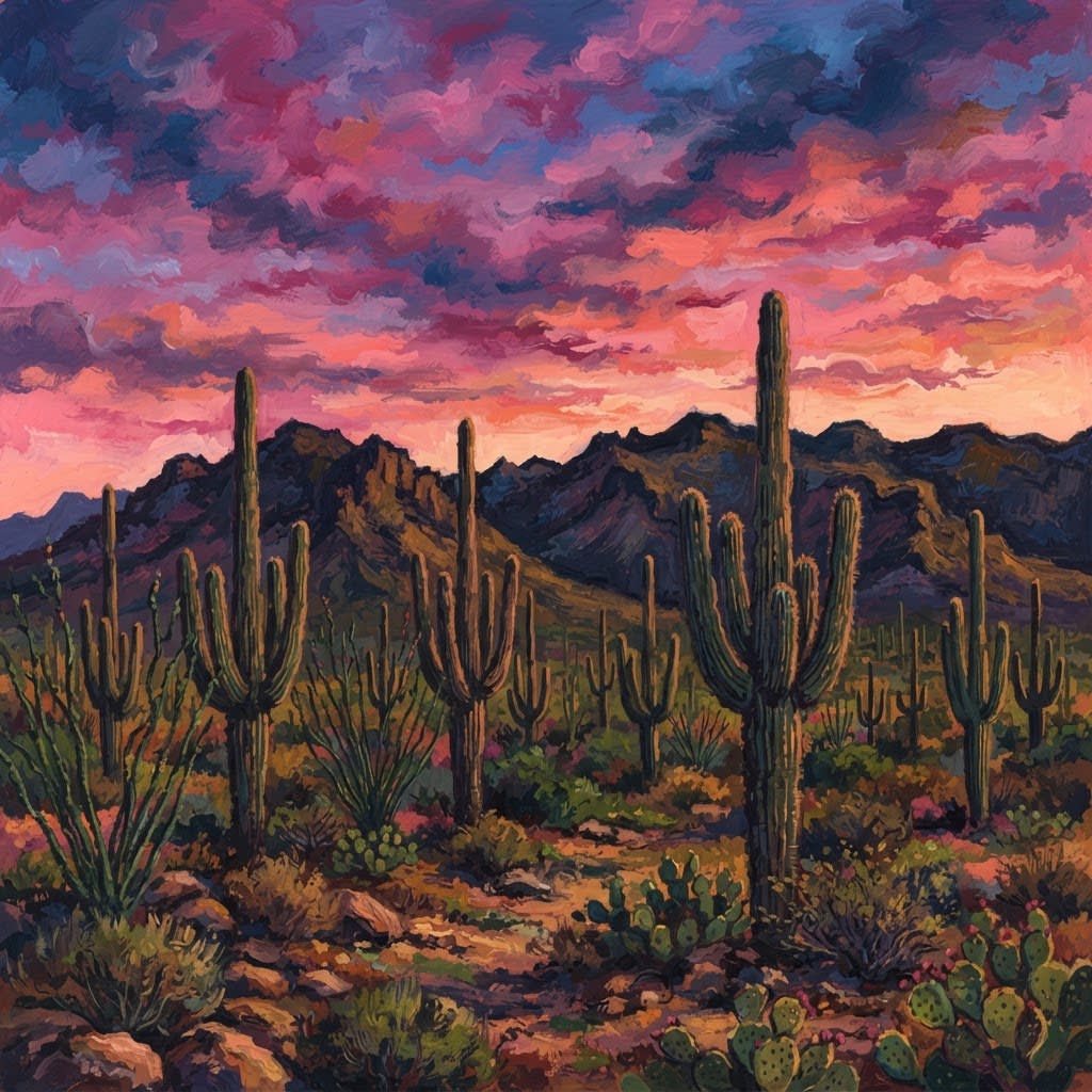 Illustration of saguaro cacti with the Santa Catalina Mountains in Tucson