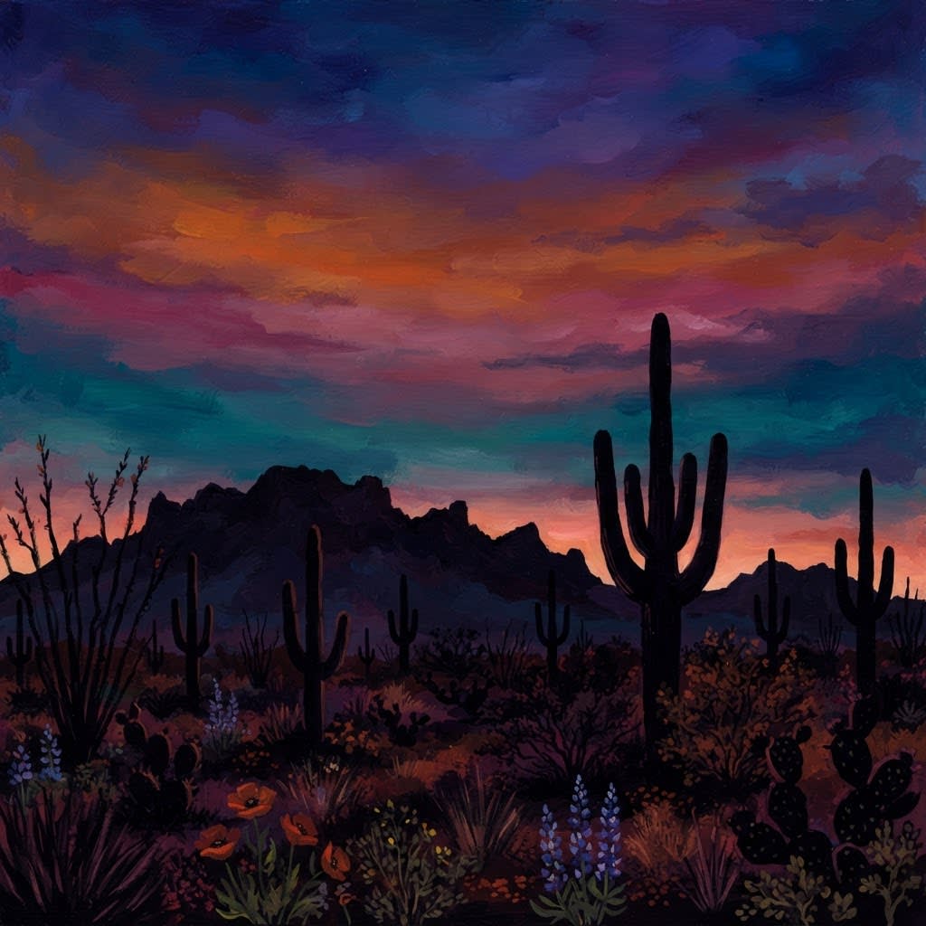 Illustration of the White Tank Mountains across the open West Valley
