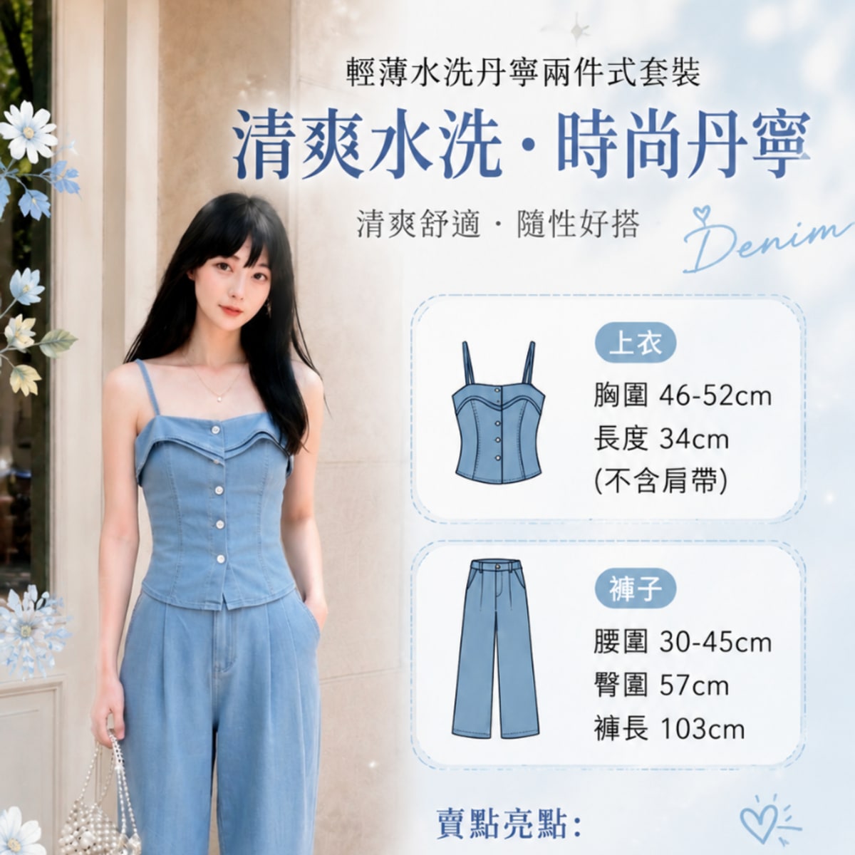 輕薄水洗丹寧真二件式套裝