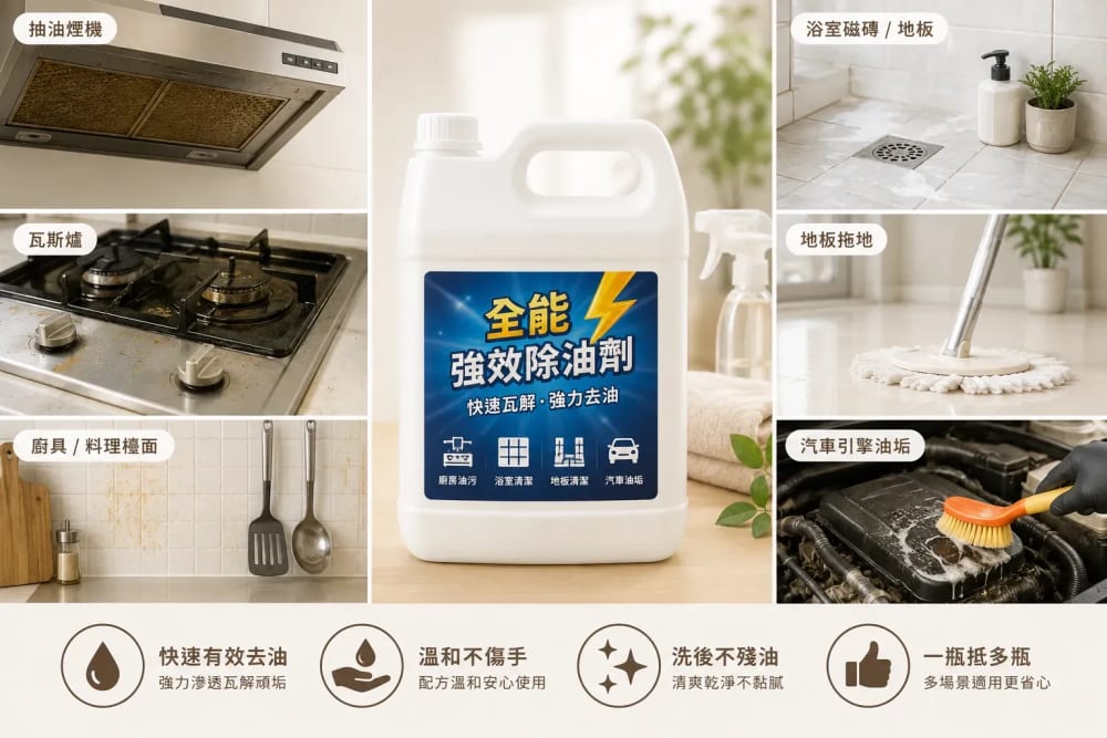 全能強效除油劑怎麼用？廚房、浴室、地板與汽車油垢一瓶搞定