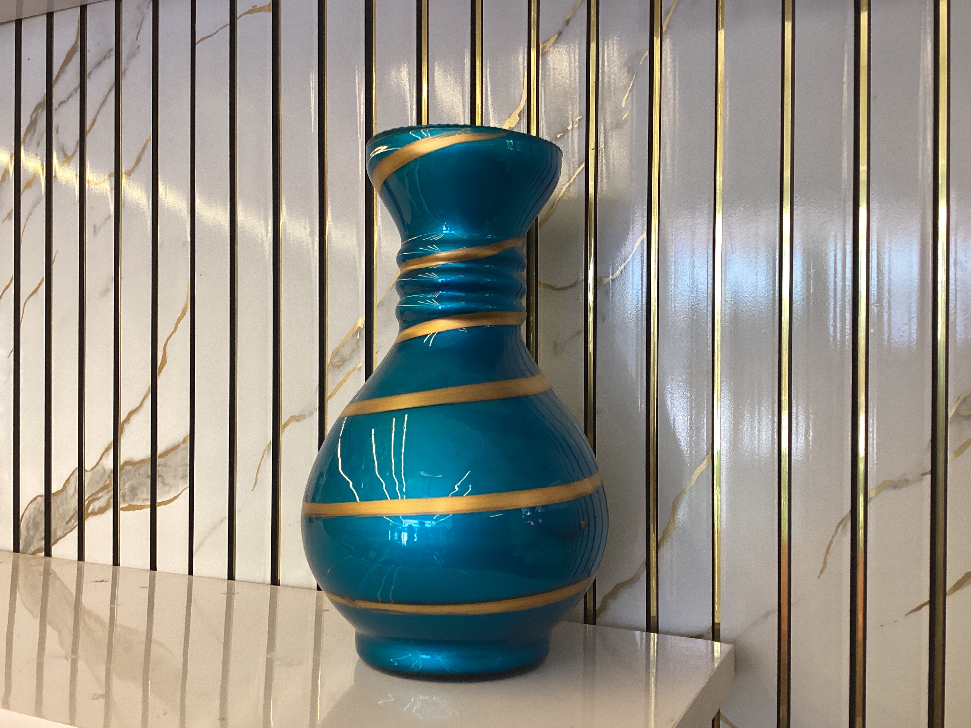 Decorative Flower Vase (Gold Stripe Design) — Blue-Gold